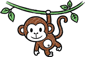 Obraz premium Adorable cartoon monkey drawing happily swinging from a thick green jungle vine with several bright green leaves attached to the branch structure