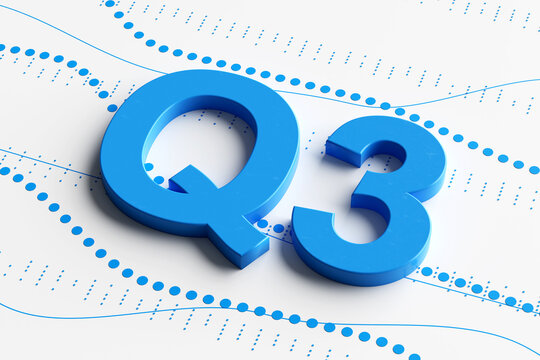 Q3 third annual business quarter evaluation blue large letters on business chart data
