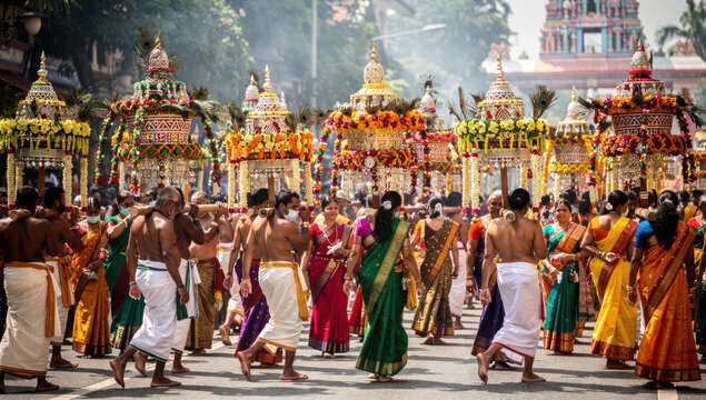 Hindu Devotees Carrying Kavadi During Thaipusam in Malaysia, Traditional Religious Procession