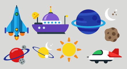 Colorful cartoon space elements including planets, rockets, and asteroids. © Abhinaya Project