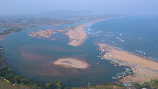 Aerial view of RK Beach, Bheemunipatnam Beach, Natural rock arch, Tenneti Park, MV MAA Ship, Visakhapatnam, India.