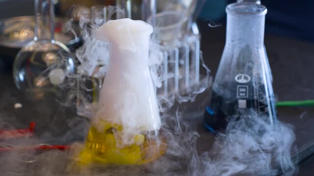 Close-up of dramatic dry ice sublimation creating thick white fog overflowing from yellow liquid in Erlenmeyer flask surrounded by lab glassware and tools in a science experiment setup