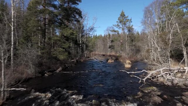 Drone flight over a lake on a sunny day in Sweden