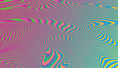 Abstract vector psychedelic wavy lines in vibrant pink, green, and blue hues. Multicolored holographic liquid pattern with fluid flow.