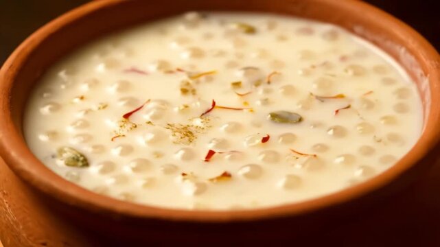 Creamy traditional Indian tapioca pudding with saffron in clay bowl