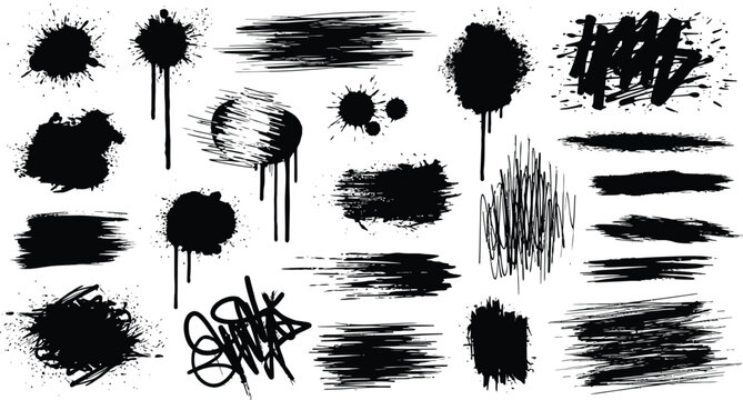 Collection of diverse black ink paint splatter grunge brush strokes and graffiti tags creating abstract artistic textures for design elements