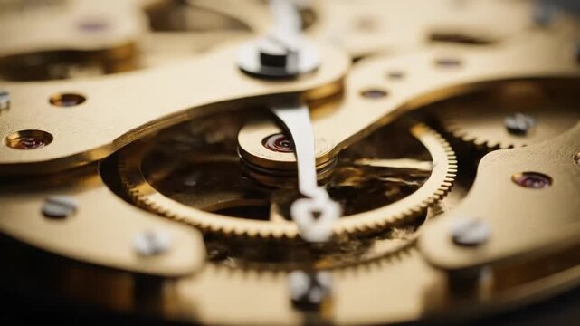 Close-up of intricate golden watch gears and mechanism ticking, macro shot