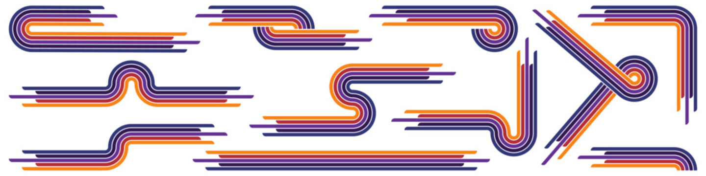 70s poster elements rainbow isolated of collection. Vector of rainbow curve and colorful, geometric 70s and 60s groovy illustration.
