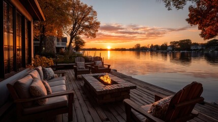 Lakeside Sunset Serenity: A Cozy Evening by the Fire generated by AI