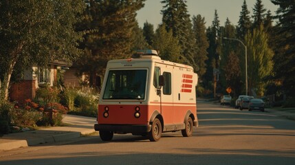 Vintage Delivery Truck on a Suburban Street at Golden Hour generated by AI