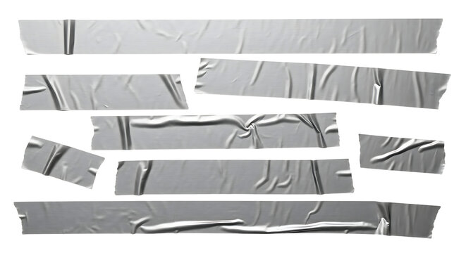Multiple silver grey duct tape strips with wrinkles and torn edges on a black background