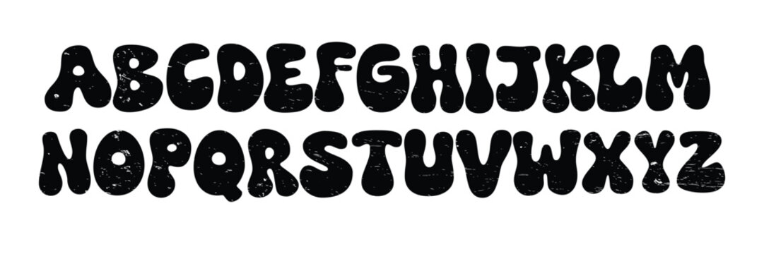 Retro bubbly alphabet letters with grunge texture isolated on transparent background