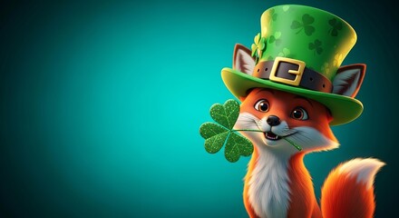 Fototapeta premium Cute fox wearing green leprechaun hat holding a shiny clover in its mouth. Animated character holding shamrock for St. Patricks Day celebration.