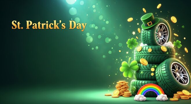 St. Patrick's Day text with green tires and shamrock leaf on shiny background. Irish holiday concept for celebration and banner.