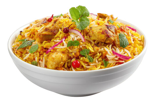 Colorful vegetable biryani rice with fried onions, herbs, and spices in white bowl isolated on transparent background