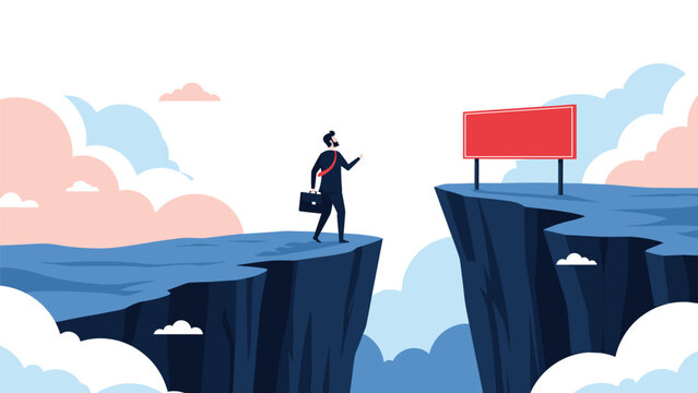 Businessman with briefcase standing on mountain cliff edge looking across a gap at large blank red signpost on another rock.