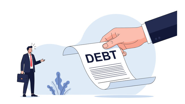 Large human hand giving a document with the word debt written on it to a small businessman standing below looking shocked and surprised.