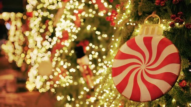 Christmas tree decorated with warm lights and a large red and white peppermint style ornament