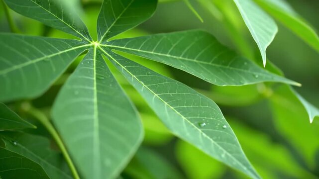 Close-up of green cassava leaves with water droplets. Detailed view of manihot esculenta foliage in nature. Tropical agriculture and botany concept