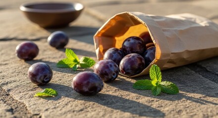 Fresh Ripe Plums Spilling from a Paper Bag with Mint Leaves on a Textured Surface