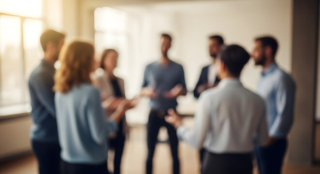 A group of diverse business professionals standing in a circle and communicating effectively