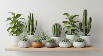 Obraz premium Variety of potted plants on wooden shelf against white wall