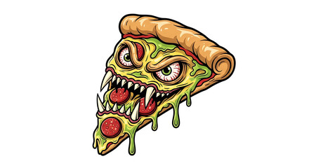 Cartoon Monster Pizza Slice with Sharp Teeth and Bloodshot Eyes