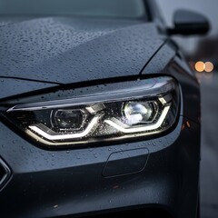 Obraz premium Close-up of a modern cars headlight with rain droplets, showcasing advanced automotive lighting design and technology.