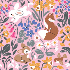 Obraz premium Seamless vector pattern with cute woodland animals and spring flowers. Hand drawn floral background with deer, fox, white rabbit and bird. Perfect for textile, wallpaper or nursery print design. 