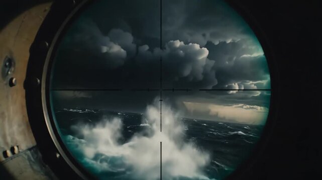 View through a submarine periscope of a stormy ocean with dramatic dark clouds and lightning, capturing the intense power of nature and the thrill of naval exploration.