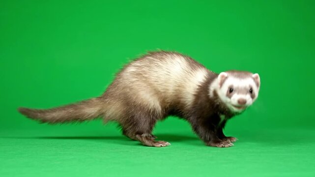 A curious ferret stands alert on a vibrant green background, showcasing its sleek brown and white fur and expressive face in a studio portrait