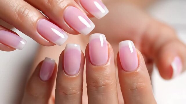 Close-up of a professional French manicure on female hands. Pink and white nail design with a glossy finish. Beauty and nail care concept