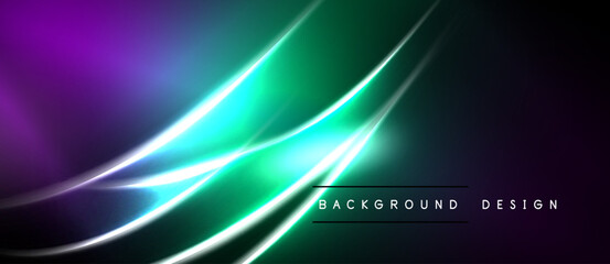 Fototapeta premium Abstract neon lines create vibrant gradient effect. Purple, green hues dominate dark background. Modern design element.