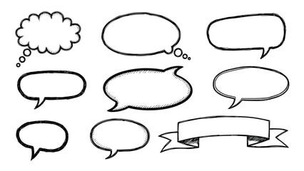 Fototapeta premium Selection of hand-drawn sketchy speech bubbles and a ribbon banner for comic dialogue and creative message design.