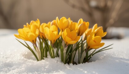 Bright yellow crocuses emerge from the snow, signaling the arrival of spring with dew drops