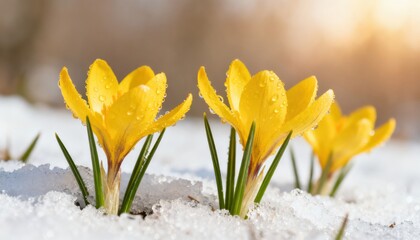 Yellow crocuses with water droplets emerge from melting snow in early spring sunlight