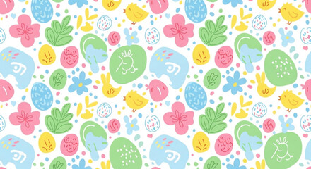 Colorful easter eggs and flowers pattern on white background pastel hues whimsical design for spring and holiday themes