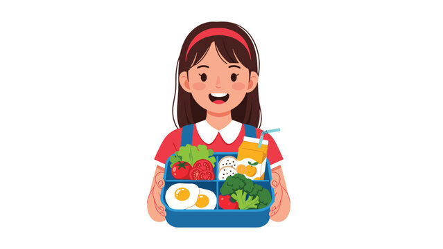 Smiling young girl wearing a red headband holds a healthy four compartment lunch box containing eggs, tomatoes, broccoli, and fruit snacks.