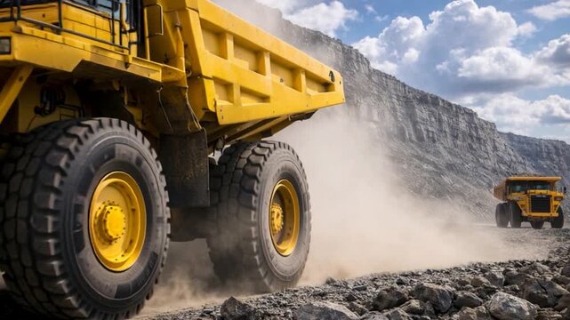 Big yellow mining truck hauling rock in dusty coal mine.

