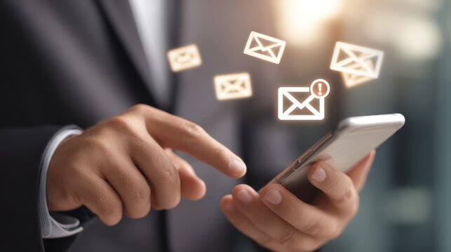 Professional Businessman Using Smartphone to Check Email Notifications with Digital Mail Icons Representing Communication in Modern Technology