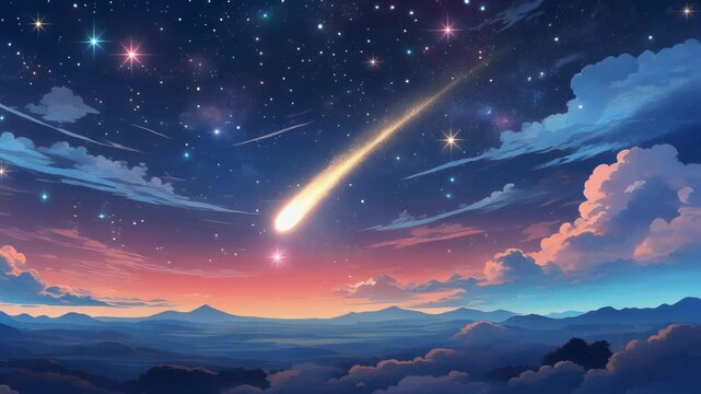 Japanese anime-style night sky with a continuous looping shot of a meteor passing through th