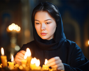 Young Woman Deep in Prayer Illuminated by Church Candlelight, Spiritual Contemplation in Tranquil Sacred Space, Soothing Warm Tones
