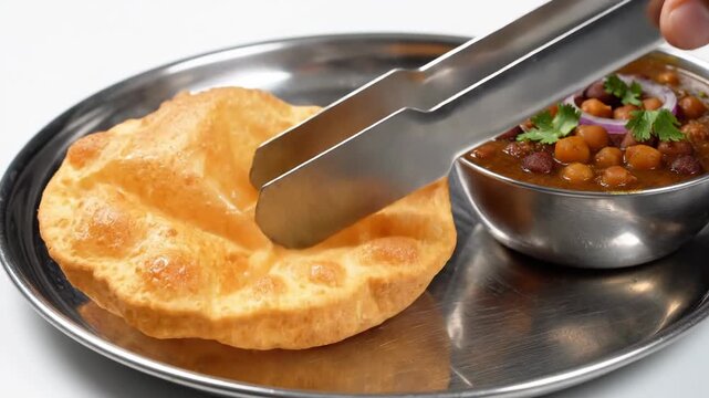Pressing a puffed bhatura bread with tongs on a plate of chole curry. Traditional Indian Chole Bhature meal. Close-up of spicy chickpea curry and fried bread
