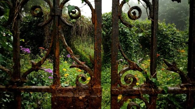 A video showcasing a beautiful garden behind an old iron gate