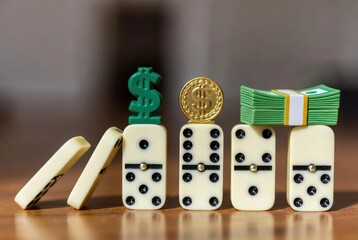 Domino pieces standing with money symbols illustrating financial risk. Business impact and chain reaction concept for market strategy and investment.