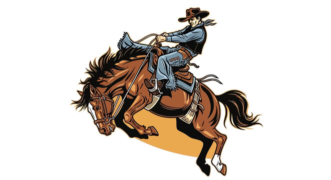 Bucking Bronco Rodeo Cowboy Riding Wild Horse with Lasso, Western Action