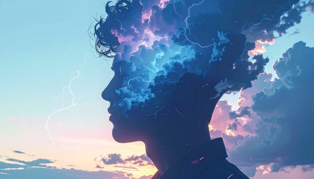 Abstract double exposure of a person's head filled with stormy clouds and lightning against a colorful sky, symbolizing thoughts and emotions.