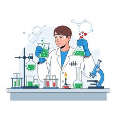 Scientist conducting experiment with green liquid in laboratory, microscope and chemical formulas