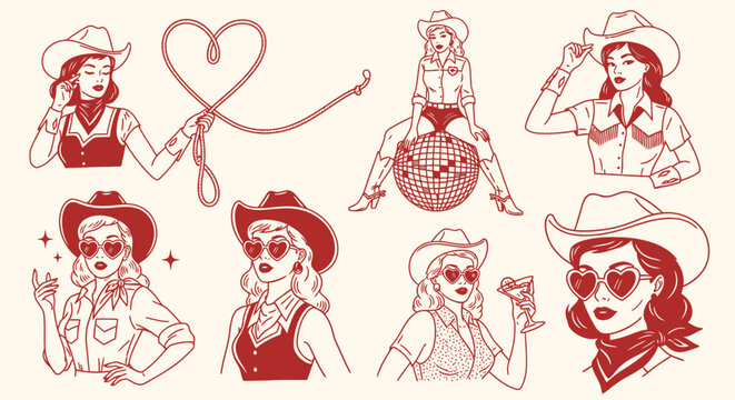 Cowgirl Icon Set with Lasso, Disco Ball, and Heart Sunglasses - Vector Art