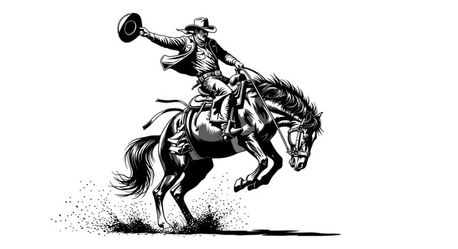 Dynamic Black and White Illustration of a Cowboy Riding a Bucking Bronco Horse